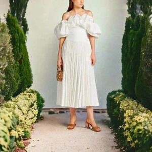 NWT Acler Arahura Ruffle Collar White Pleated Puff Sleeve Midi Dress Size 8